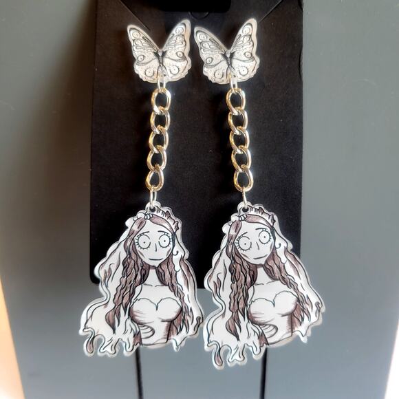 Corpse Bride Earrings Gothic Butterfly Chain Dangle Bride Halloween NWT 3.5" - Picture 2 of 12